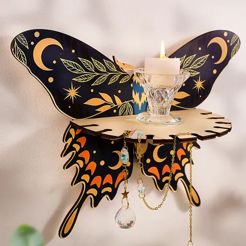 Gothic Butterfly Wooden Floating Shelf Celestial Moon Star Pattern Wall Mounted Hanging Display Crystals Plant Holder Living Room Home Decor Accent