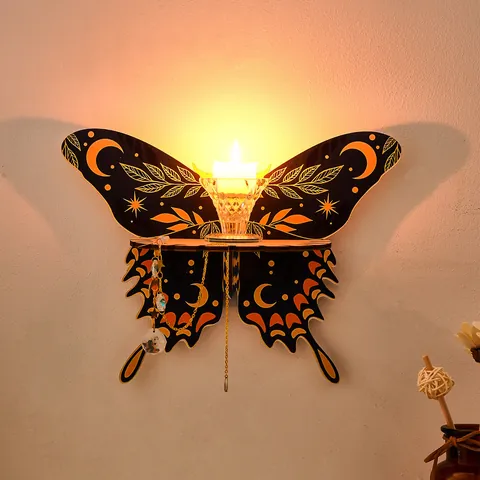 Gothic Butterfly Wooden Floating Shelf Celestial Moon Star Pattern Wall Mounted Hanging Display Crystals Plant Holder Living Room Home Decor Accent