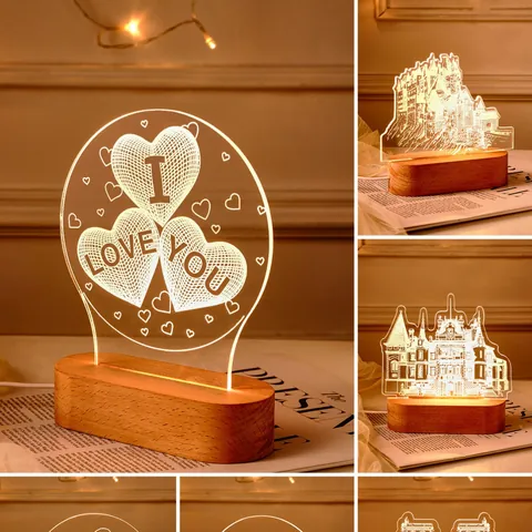 Creative 3D Acrylic Night Light Solid Wood Base LED Table Lamp Heart Castle Dinosaur Pattern USB Powered Warm Light Bedroom Decor Gift