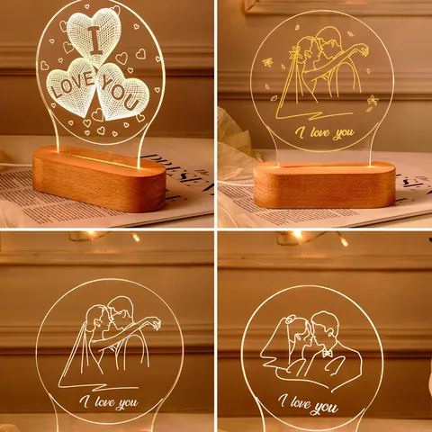 Creative 3D Acrylic Night Light Solid Wood Base LED Table Lamp Heart Castle Dinosaur Pattern USB Powered Warm Light Bedroom Decor Gift