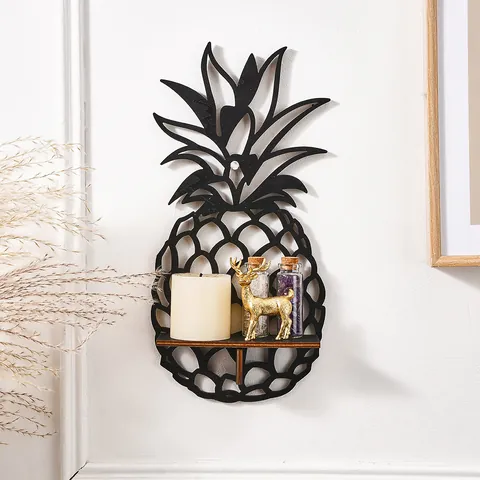 Creative Minimalist Wooden Pineapple Wall Shelf Decorative Hollow Out Hanging Storage Rack For Living Room Bedroom Home Decor Black
