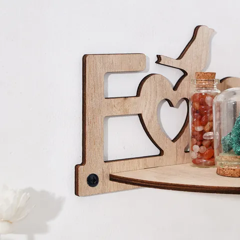 Creative Paulownia Wood Family Letter Wall Corner Shelf Hollow Out Heart Bird Floating Shelf Hanging Decoration Display Rack
