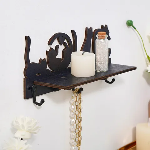 Creative Black Cat LOVE Silhouette Wooden Wall Mounted Shelf Floating Storage Rack With 3 Metal Hooks Entryway Home Decor Key Holder Organizer