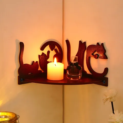 Creative Wooden Corner Floating Shelf Cat Silhouette Love Letter Design Wall Mounted Hanging Storage Organizer Display Rack For Home Deco