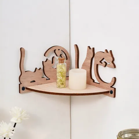 Creative Wooden Corner Floating Shelf Cat Silhouette Love Letter Design Wall Mounted Hanging Storage Organizer Display Rack For Home Deco
