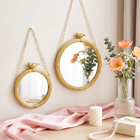 Espejo de Pared Redondo Vintage Francés con Marco de Resina Dorada y Escultura de Pájaro Espejo Decorativo con Cadena Colgante