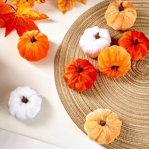 Luxury Velvet Artificial Pumpkin Decorations Set For Halloween Autumn Fall Harvest Home Decor Thanksgiving Table Ornament