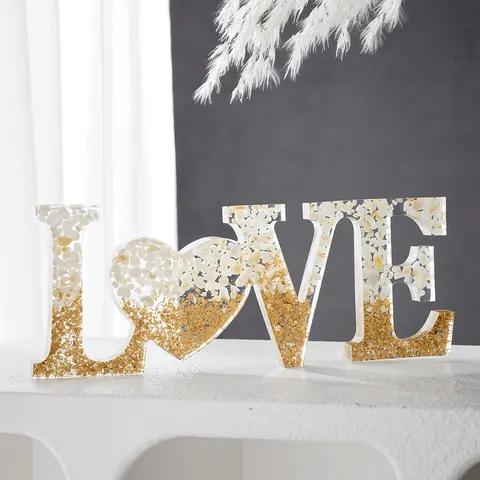 Romantisch LOVE Letter Bureau Ornament Gradiënt Hars Hart Bord Met Bladgoud Witte Roze Stenen Voor Bruiloft Feest