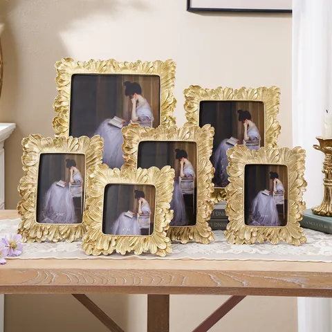 European Vintage Resin Photo Frame Gold Silver Palm Leaf Relief Relief Design Tabletop Wall Decor Home Office Art Gift