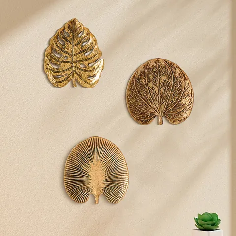 Suspension Murale Créative en Résine Feuille de Plante Tropicale Or Vieilli Monstera Orme Ginkgo Olive Feuille Ronde Sculpture Ornement pour Salon Chambre Décoration Maison