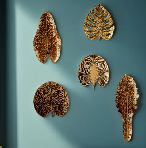 Suspension Murale Créative en Résine Feuille de Plante Tropicale Or Vieilli Monstera Orme Ginkgo Olive Feuille Ronde Sculpture Ornement pour Salon Chambre Décoration Maison