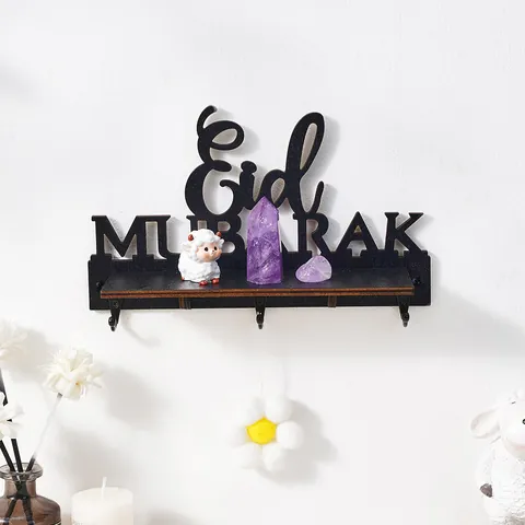 Wooden Wall Mounted Key Holder Eid Mubarak Letter Design Decorative Coat Hook Storage Rack For Entryway Home Decor