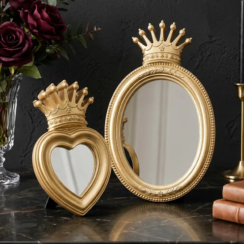 Vintage Gold Krone Desktop Schminkspiegel Luxus Harz Oval Herz Tischdeko Spiegel Für Schlafzimmer Frisiertisch Wohnkultur Geschenk
