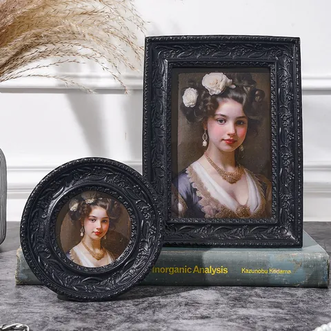 Vintage Schwarzer Harz Fotorahmen 3D Floral Relief Dark Academia Gothic Stil Desktop Dekorativ Rechteck Rund Bildrahmen Home Deko
