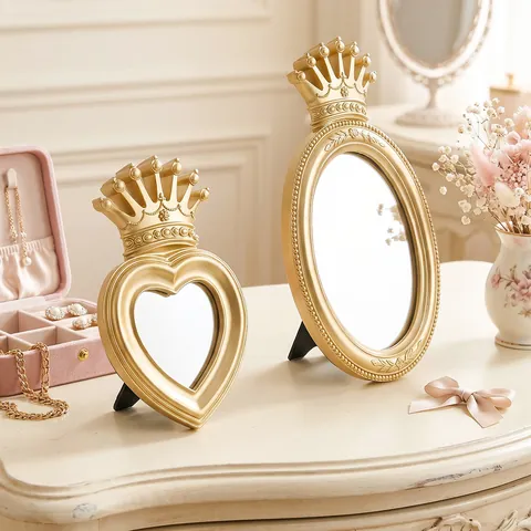 Vintage Gold Krone Desktop Schminkspiegel Luxus Harz Oval Herz Tischdeko Spiegel Für Schlafzimmer Frisiertisch Wohnkultur Geschenk