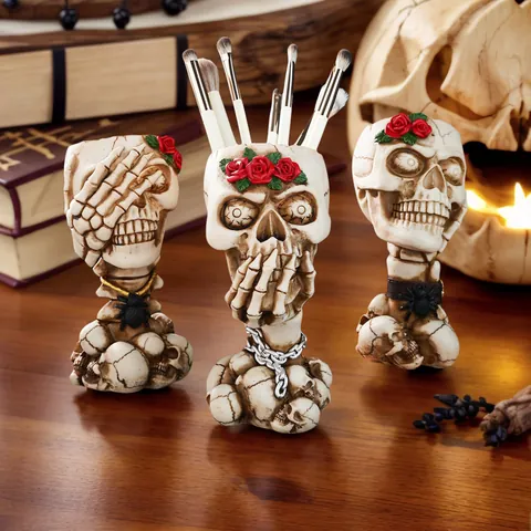 Vintage Gothic Skull Rose Resin Makeup Brush Holder Carved Skeleton Flower Pot Halloween Desktop Storage Art Decor Accessory