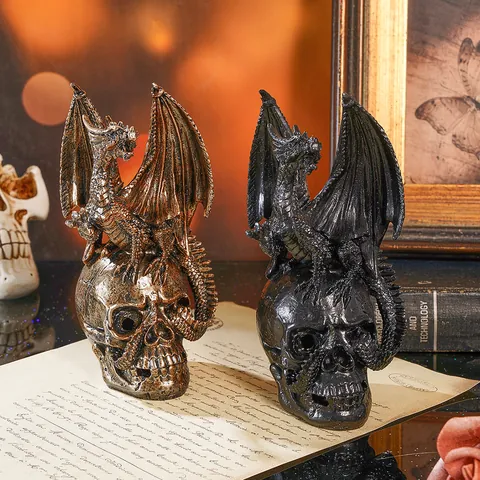 Gothic Dragon Skull Statue Halloween Resin Ornament Vintage Bronze Finish Horror Desktop Decoration Mystical Room Prop Gift