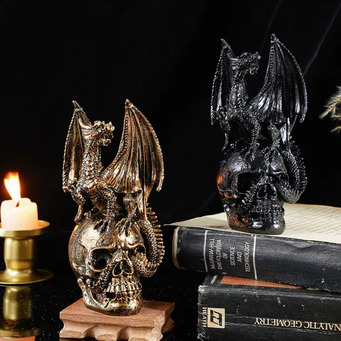 Gothic Dragon Skull Statue Halloween Resin Ornament Vintage Bronze Finish Horror Desktop Decoration Mystical Room Prop Gift