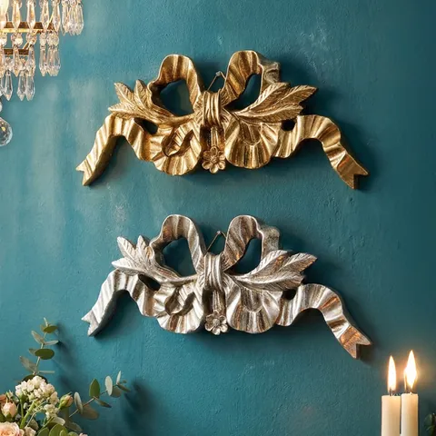French Vintage Angel Playing Harp Ribbon Bow Wall Hanging Decor Resin Antique Gold Silver Relief Sculpture Home Wall Art