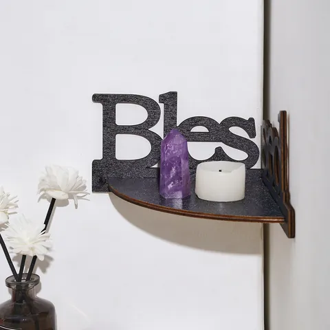 Minimalist Wooden Wall Corner Floating Shelf With Blessed Letter Cutout Decorative Storage Rack For Living Room Bedroom Office