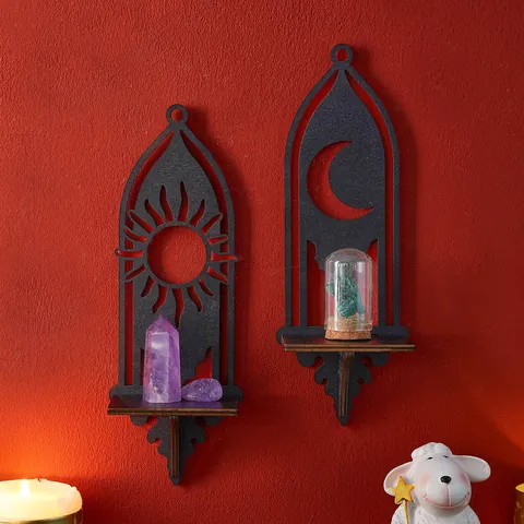 Black Wooden Sun and Moon Wall Shelf Bohemian Gothic Floating Shelf For Crystals Essential Oils Home Decor Wall Hanging Display