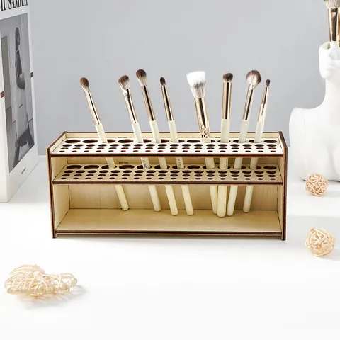 Modern Wooden Makeup Brush Holder Multi-Hole Paint Brush Storage Rack Desk Organizer For Vanity Bookshelf Home Office Beige