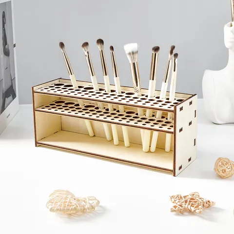 Modern Wooden Makeup Brush Holder Multi-Hole Paint Brush Storage Rack Desk Organizer For Vanity Bookshelf Home Office Beige
