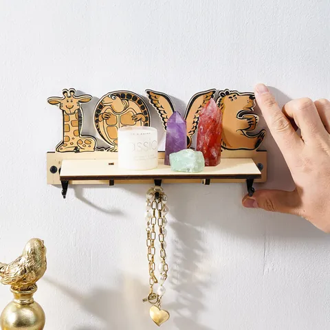 Modern Minimalist Wood Wall Floating Shelf Creative Animal Silhouette Design Decorative Display Rack With Hooks For Bedroom Living Room Home Decor Gift