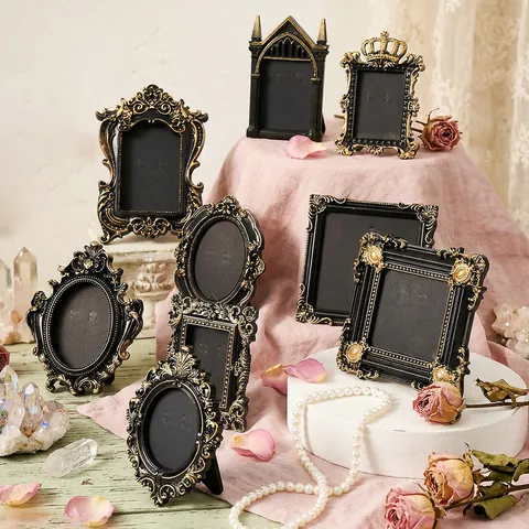 French Vintage Black Gold Embossed Photo Frame Baroque Resin Desktop Ornament Creative Home Art Picture Frame Tabletop Display