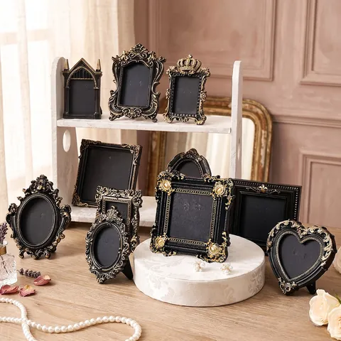 French Vintage Black Gold Embossed Photo Frame Baroque Resin Desktop Ornament Creative Home Art Picture Frame Tabletop Display