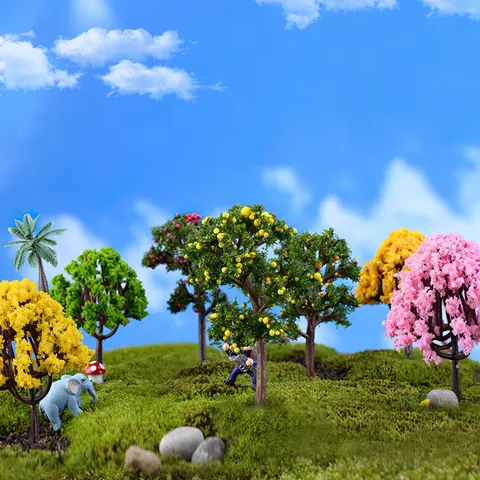 8Pcs Mini Artificial Trees Micro Landscape Decor Simulation Sakura Coconut Fruit Tree DIY Sand Table Model Plastic Resin Ornaments