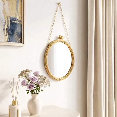 Espejo de Pared Redondo Vintage Francés con Marco de Resina Dorada y Escultura de Pájaro Espejo Decorativo con Cadena Colgante