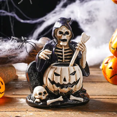 Halloween Mini Estatuilla Mago Calavera Púrpura Resina Esqueleto Calabaza Caldero Estatua Decoración Hogar Gótico Fiesta Ornamento