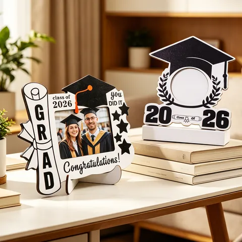 Cornice Foto Creativa in Legno a Forma di Tocco Classe 2026 GRAD Decorazione da Tavolo Regalo per Laurea Cornice in Legno Minimalista