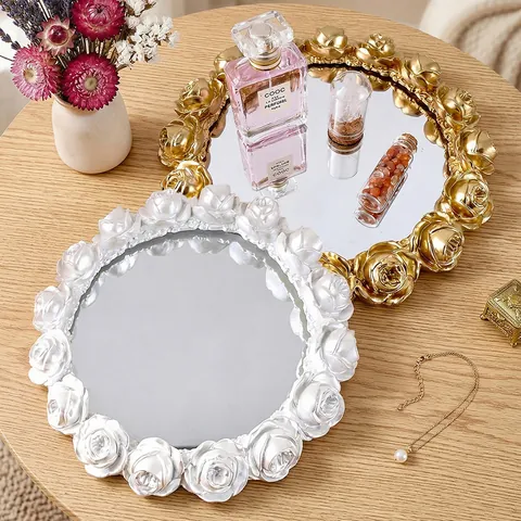European Retro Rose Relief Decorative Tray Resin Mirror Round Desktop Atmosphere Ornament Gold White Floral Carved Home Tray