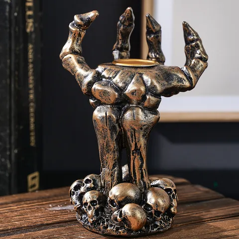 Halloween Skeleton Hand Candlestick Resin Gothic Skull Base Ghost Hand Candle Holder Tabletop Decor White Gold Party Ornament