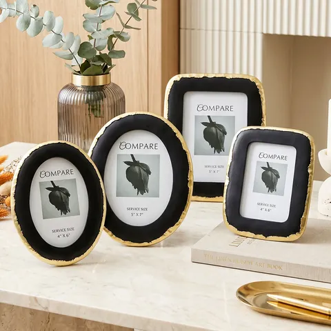 Cadre Photo Décoratif en Résine Vintage Noir Avec Bord Doré Ovale Carré Cadre de Table pour Décoration Maison Bureau