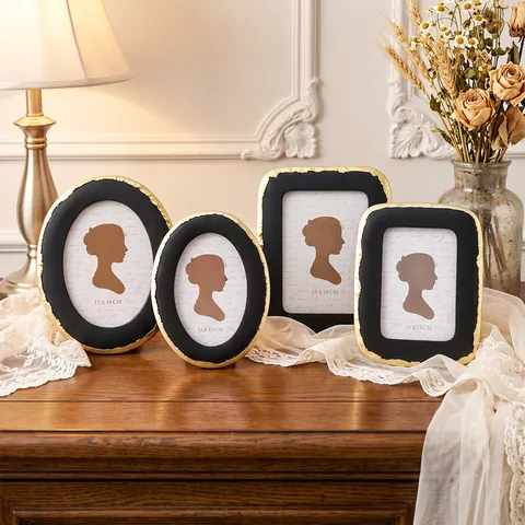 Cornice per Foto Vintage in Resina di Lusso Francese Nero Oro Dipinto a Mano Dorato Decorazione da Tavolo con Vetro Ovale Rettangolare
