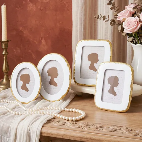 Retro Resin Photo Frame White Gold Edge French Style Desktop Picture Frame Ornament For Bedroom Living Room Home Atmosphere Decoration