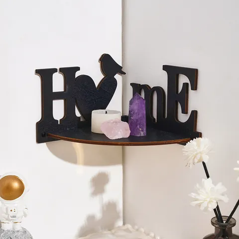 Creative Wooden Corner Wall Shelf HOME Letter Bird Silhouette Design Corner Hanging Storage Rack Decorative Floating Shelf For Home Living Room Kitchen