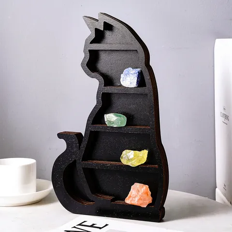 Creative Black Cat Lotus Wood Wall Shelf Minimalist Home Decor Storage Rack Floating Shelves For Crystal Stones Display Wall Art
