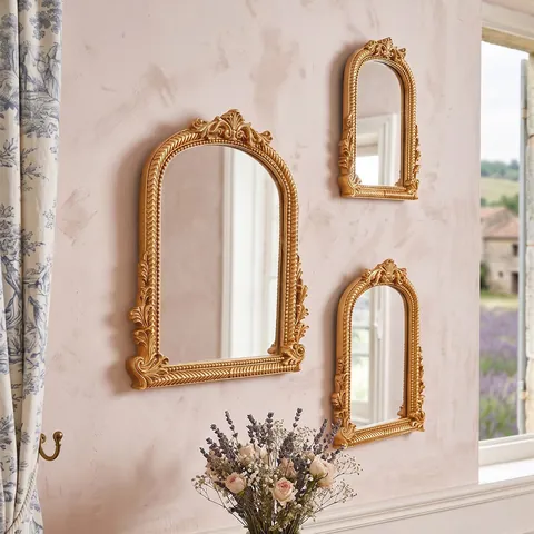 Französischer Vintage Wandspiegel Bogenförmig Barock Gold Geschnitzt Harz Dekorativer Hängespiegel Schminkspiegel Wohnkultur
