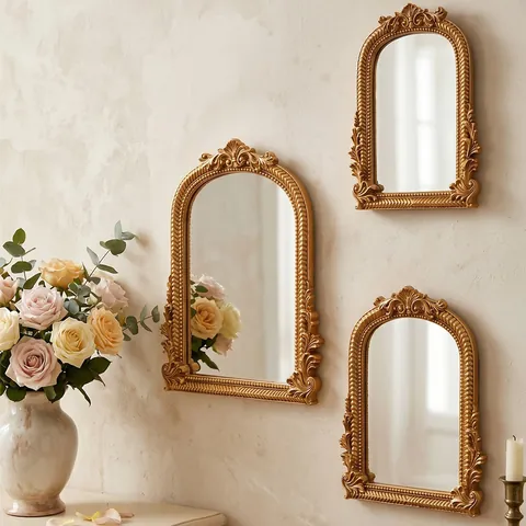 Französischer Vintage Wandspiegel Bogenförmig Barock Gold Geschnitzt Harz Dekorativer Hängespiegel Schminkspiegel Wohnkultur