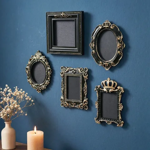 European Vintage Mini Decorative Picture Frame Resin Baroque Relief Wall Hanging Photo Prop DIY Home Decor Black Gold
