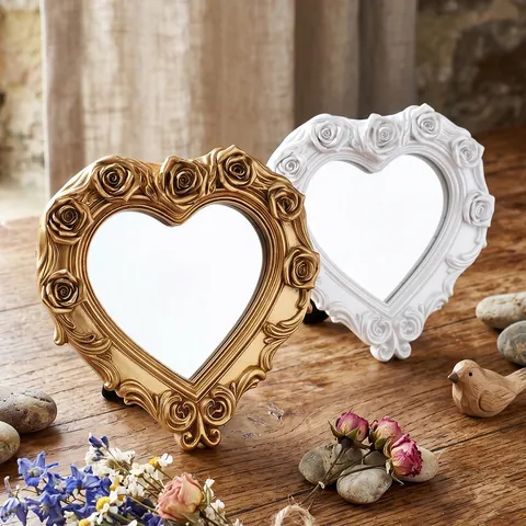 Vintage Harz Herzförmiger Make-up Spiegel Geprägte Rose Desktop Kosmetikspiegel Tisch Dekorative Ornament Spiegel Für Wohnkultur Zimmer Ästhetik Geschenk