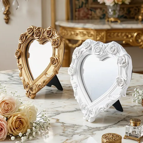 Vintage Harz Herzförmiger Make-up Spiegel Geprägte Rose Desktop Kosmetikspiegel Tisch Dekorative Ornament Spiegel Für Wohnkultur Zimmer Ästhetik Geschenk