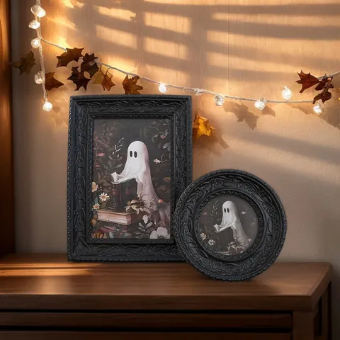 Gothic Halloween Geist Liest Buch Harz Fotorahmen Vintage 3D Relief Rebenmuster Dekorativer Tischbildrahmen Heimdekoration