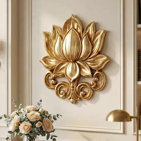 Europese Luxe Goud Hars Lotus Wandkleed 3D Reliëf Krulpatroon Decoratie Voor Woonkamer Ingang Home Decor Hangend Ornament