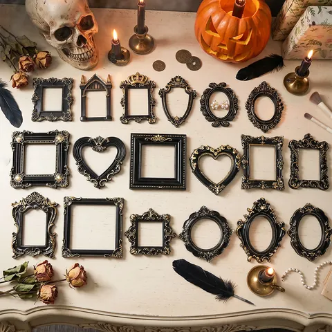 Retro Gothic Halloween Haunted House Decor Black Gold Carved Resin Photo Frame Vintage Baroque Photography Background Prop