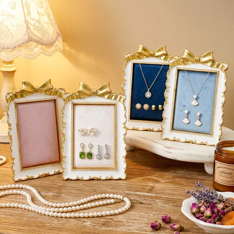 French Vintage Resin Gilded Bowknot Jewelry Display Stand Velvet Inner Lining Earring Necklace Storage Photography Props Organizer